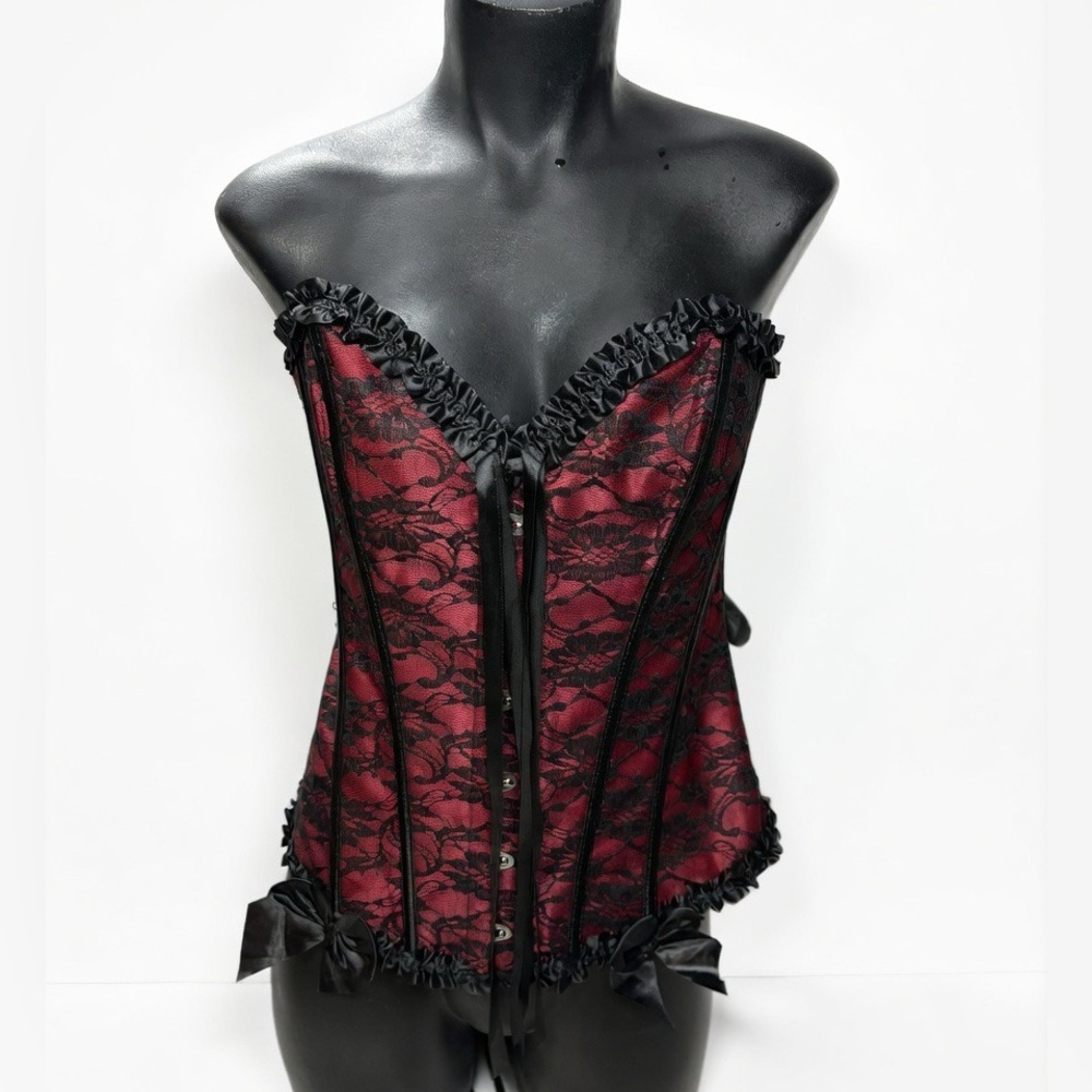 Red Lace Ruffled Corset Bustier with Black Trim size XL